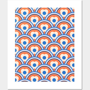 Apricot Crush, Blue Retro Waves and Flowers Posters and Art